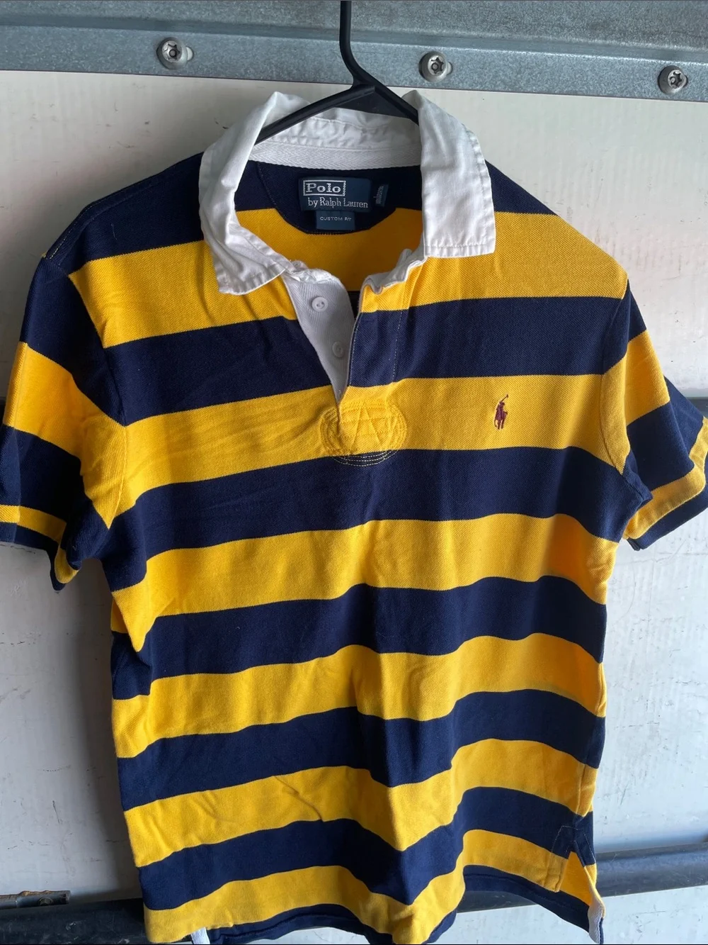 Ralph Lauren Polo Rugby Shirt - Navy and Yellow Stripes with White Collar